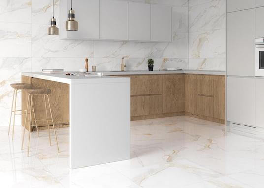 kitchen picture with white marble with beige veinings on the floor and on the wall