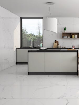 a white kitchen with white 24x48 porcelain tile 