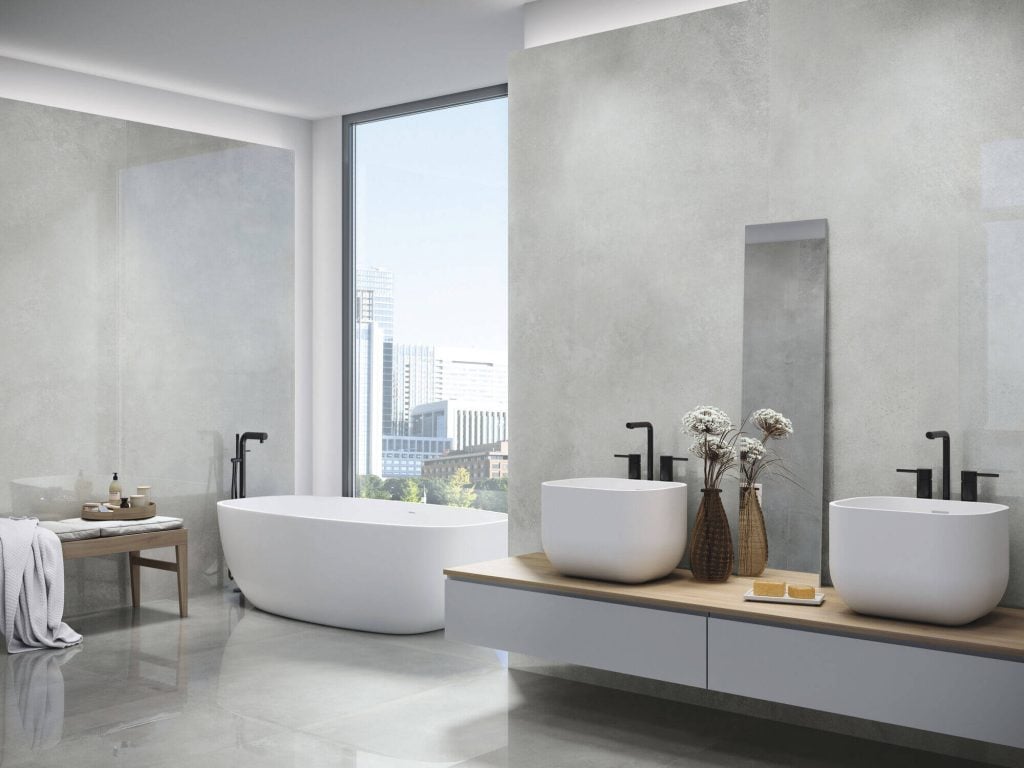 Concrete-look porcelain tile ideas walls in bathroom