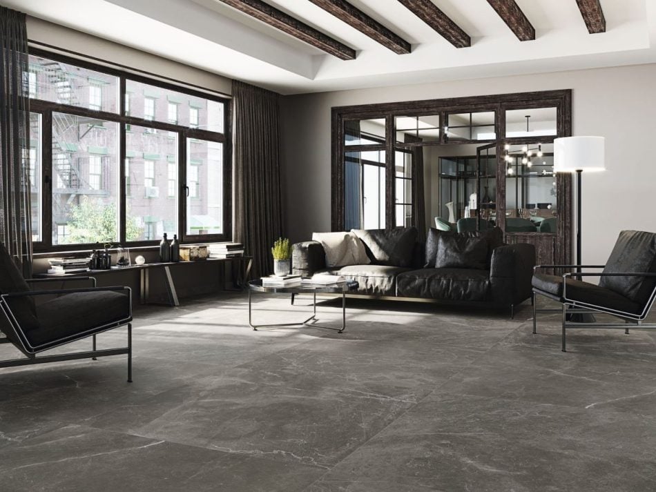 living room with a dark gray floor tile in 48x48 size